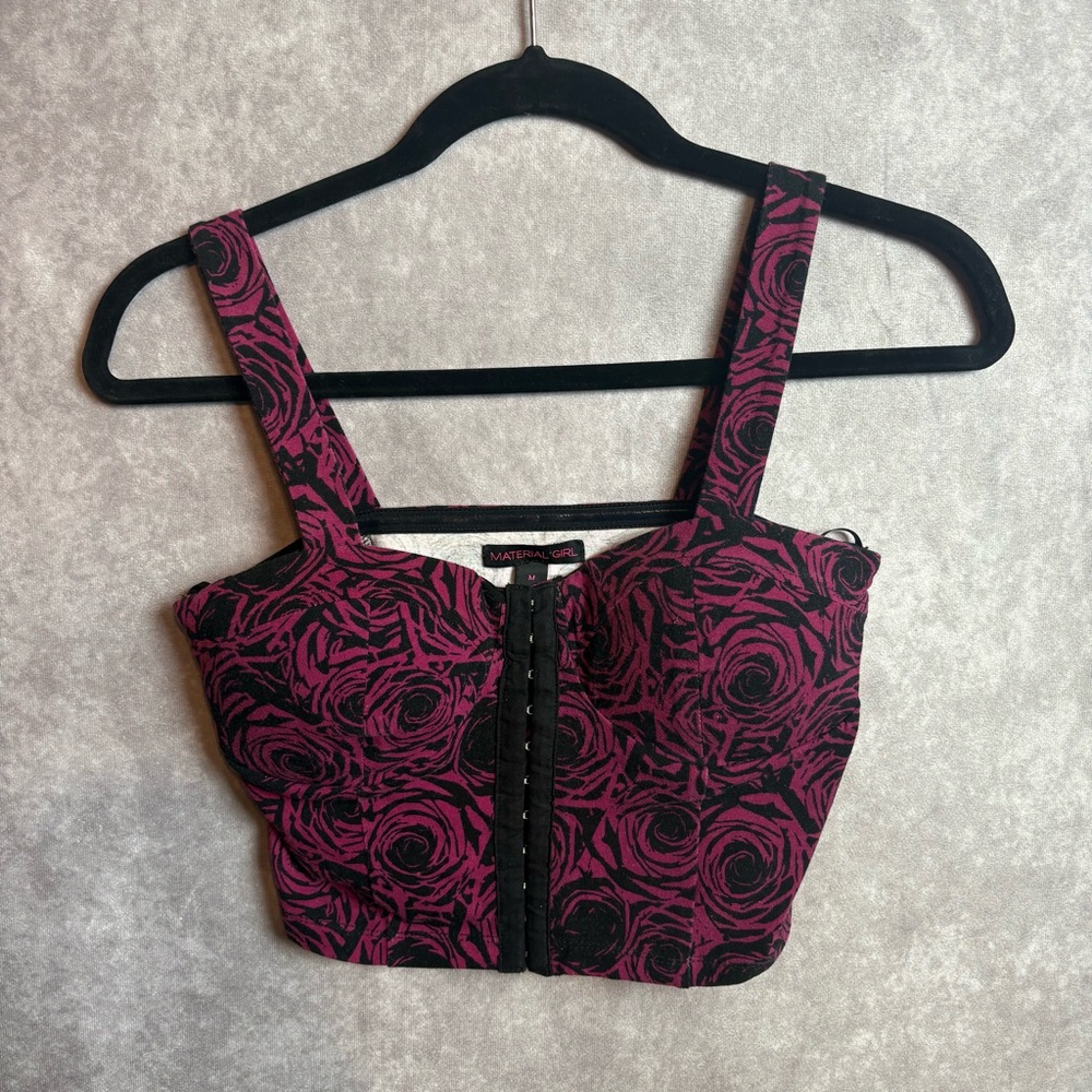 Material Girl Whimsigoth Fairy Black and Pink Roses Bustier Corset Tank Top SZ M